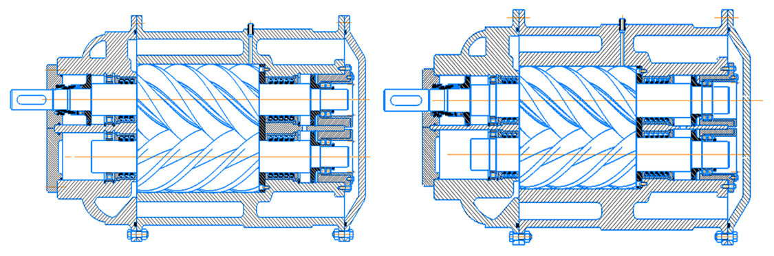 图1 螺杆压缩机.装置示意图 a）压缩第一级 的压缩机； b）压缩第二级的压缩机